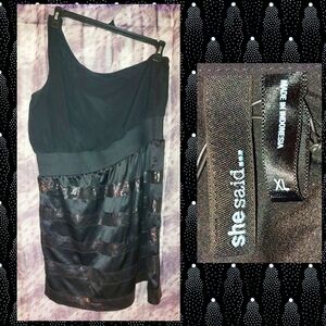 She Said... brand Black 1 Shoulder Woven Satin Dress w/Sequin Skirt Sz XL(14/16)
